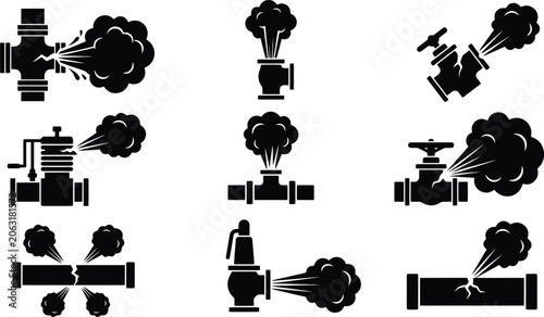 Foto Industrial pipe leak and steam release icons broken