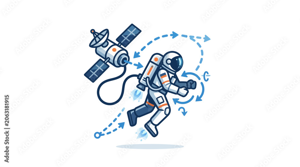 Fototapeta premium Astronaut Floating Near Satellite with Navigation Arrows