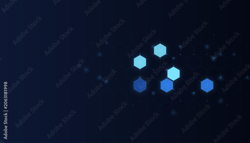 Fototapeta premium Dark Blue Medical Technology Hexagon Background With Central Molecule Tile Cluster