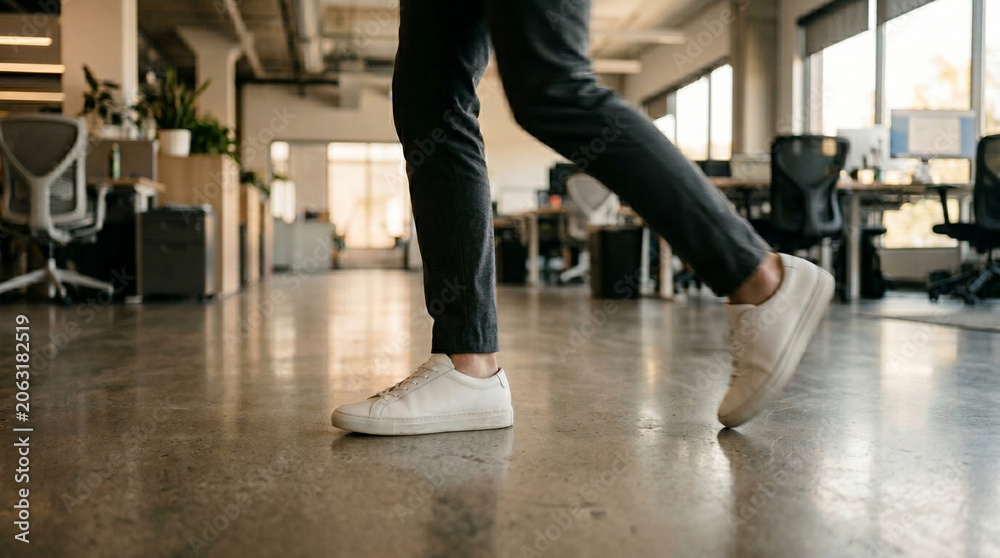 Obraz premium Person walking in polished office corridor with white sneakers and dark pants symbolising casual professionalism, modern corporate culture, and dynamic business environment design