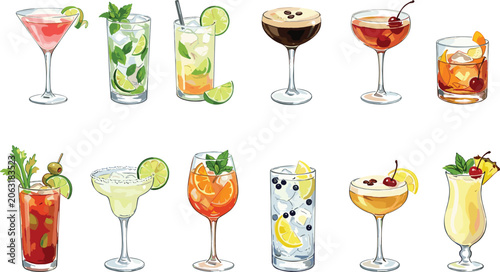Watercolor Classic Cocktail Drinks Set with Cosmopolitan, Mojito, Bloody Mary, Margarita, Aperol Spritz, and Pina Colada Vector Illustrations for Bar Menu Designs