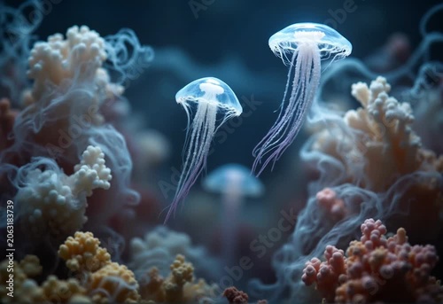 Glowing Jellyfish Swimming in Deep Ocean Coral Reef with Bioluminescent Light