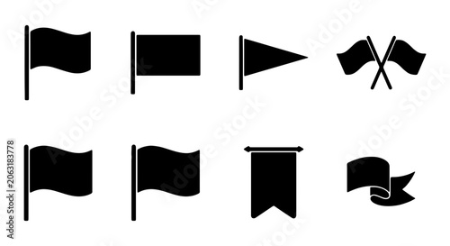 Black flag vector icons, diverse waving banner shapes, pennant and crossed flag silhouettes, minimalist graphic elements for web design and UI