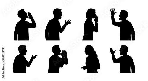 Communicating people silhouettes, diverse group expressing emotions, speaking, shouting, and gesturing, isolated vector collection for communication concepts