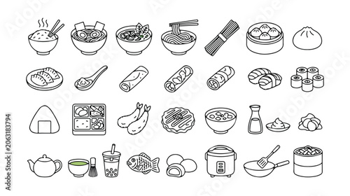 Quadro su tela Asian food vector icons, traditional Japanese and Chinese cuisine dishes, oriental restaurant menu graphics, 35 editable line art illustrations for culinary design