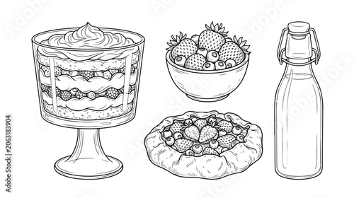 Tableau sur toile Delicious berry desserts and fresh milk vector illustration set