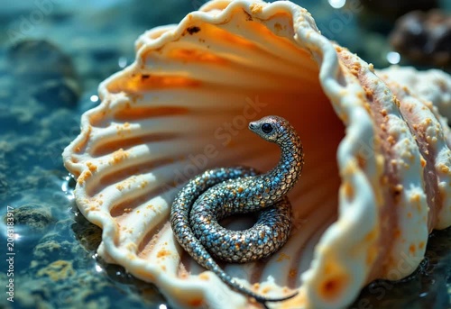 Close-up Sea Snail Crawling on Textured Shell Underwater in Natural Habitat