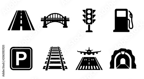 Transportation infrastructure vector icon set, essential travel and logistics symbols, modern black and white graphic elements for navigation and urban planning, 8 editable icons