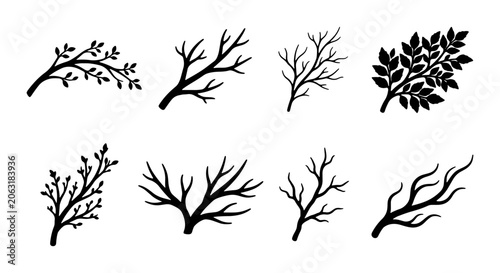 Minimalist black tree branches vector set, natural organic twig silhouettes, bare and leafy botanical elements, hand-drawn rustic nature illustrations for design projects