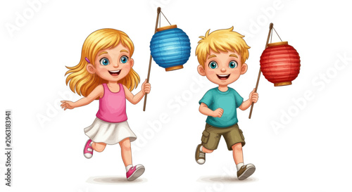 Cartoon children running with paper lanterns