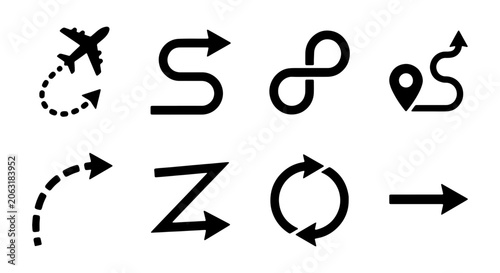 Directional arrow vector icons, diverse path and route symbols, black navigation graphics for travel and journey concepts, infographic elements for maps and wayfinding