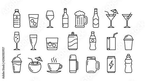 Canvastavla Beverage icons set, 25 drink vector line art symbols, refreshing drinks and alcoholic cocktails, water bottles, coffee, beer, and soda for menu design and web graphics