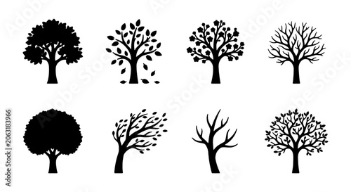 Diverse tree silhouettes vector set, eight distinct black tree icons, nature and forest graphic elements, botanical illustrations for environmental design and landscape projects