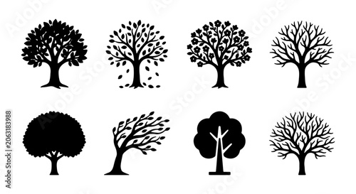 Stylized black tree silhouettes, diverse nature icons, various tree shapes, seasonal foliage, bare branches, and wind-blown designs, vector collection for environmental graphics and branding
