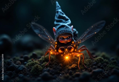 Glowing Fantasy Insect Crawling on Mossy Forest Floor in Dark Environment