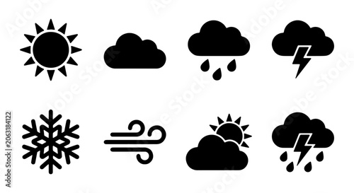 Weather forecast vector icon set, 8 black glyphs depicting sun, clouds, rain, lightning, snow, and wind, essential climate symbols for digital interfaces and applications