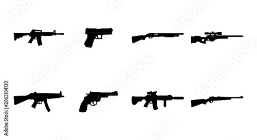 Black silhouette weapon icons, a collection of eight distinct firearms, including rifles, pistols, and shotguns, for military, security, or gaming design assets