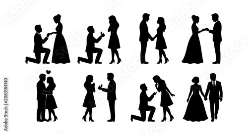 Romantic couple silhouettes, black vector set of 8 engagement and wedding poses, diverse relationship graphics for celebration and love concepts