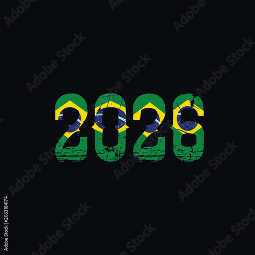 Brazilian flag design, 2026 text, green yellow blue vector graphic, distressed effect