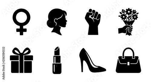 Empowering Women's Rights and Feminism Vector Icon Set, featuring female gender symbols, strong fists, elegant profiles, and fashion accessories, perfect for International Women's Day and