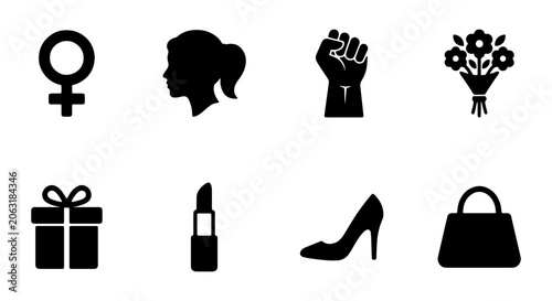 Empowering women's rights and beauty vector icon set, featuring female symbols, strong fist, flowers, and fashion accessories. Modern black silhouette graphics for International Women's Day