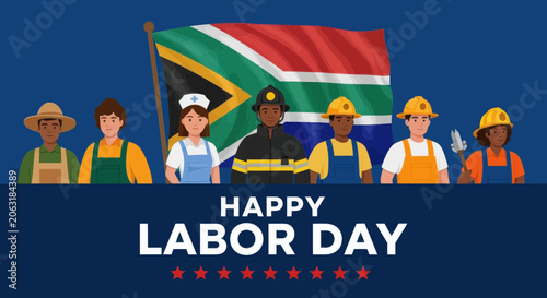 Happy labor day graphic with south african flag and workers