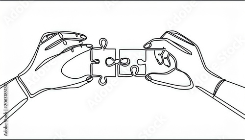 continuous line drawing of two hands with puzzle pieces connecting together image with white background