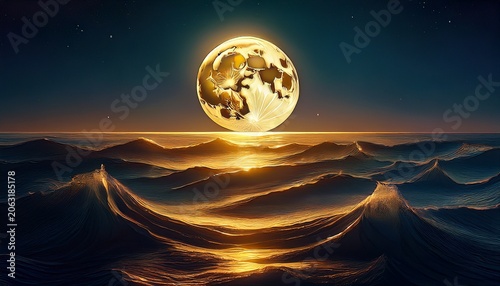 golden full moon rising over dark ocean waves at night with glowing reflection on the sea surface