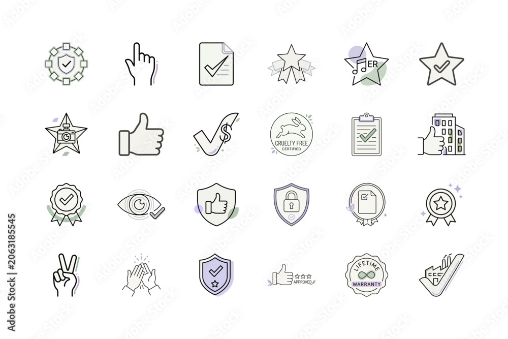 Fototapeta premium Line Icon Set of Approval Concepts or Thin Line Icons of Guarantee Badges and Verification Symbols