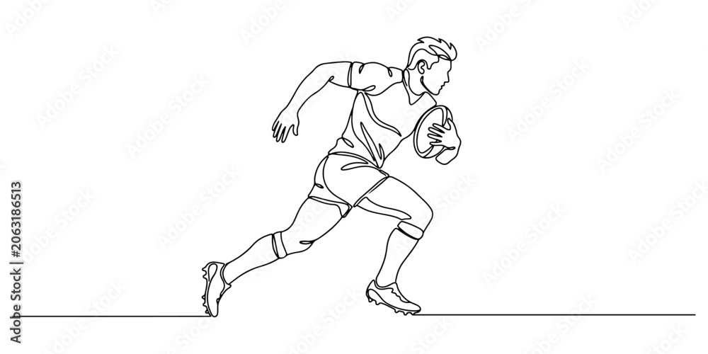 Fototapeta premium Illustration of rugby player running with the ball, hand drawn outline vector illustration.