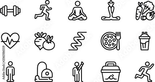 Set of line art icons representing health fitness and healthy lifestyle choices vector illustration
