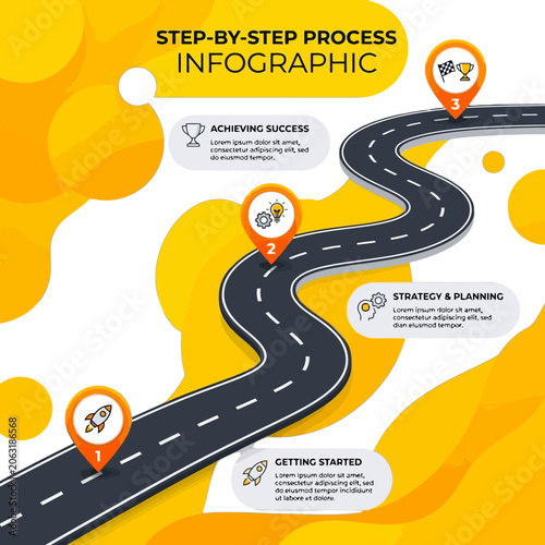 Step by step process infographic with road map isolated on transparent background, Vector