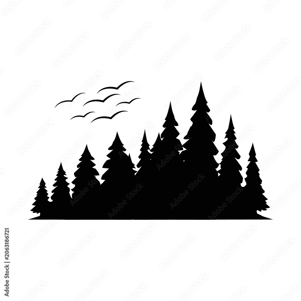 Fototapeta premium Forest Silhouette Vector Illustration – Black Woodland Tree Landscape Outline Design