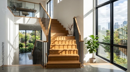 Modern Wooden Staircase Bathed in Natural Light with Greenery View in Bright Interior