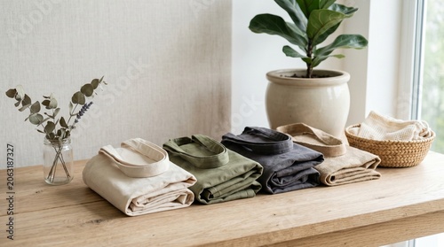 Row of Neat Folded Fabric Tote Bags with Handles on Wooden Desk Near Houseplant