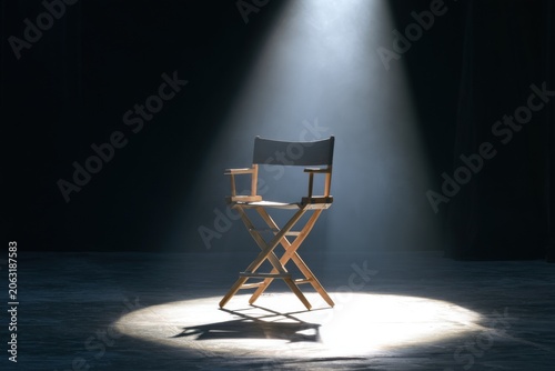 Single empty director's chair under a spotlight on a dark soundstage, concept of leadership and opportunity