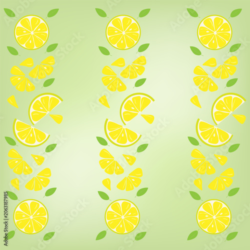 The background is designed in a trendy soft blur style with yellow lemon slices and green leaves