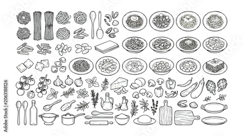Bild auf Leinwand Italian pasta and sauce ingredients vector icon set, hand-drawn black and white