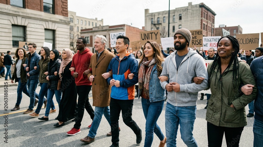 Fototapeta premium Multiethnic citizens holding signs and walking arm in arm during a solidarity demonstration on an urban street.