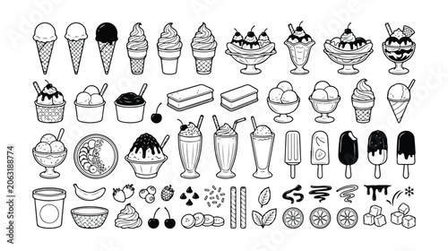 Photos Monochrome ice cream vector set, a delicious collection of frozen dessert illustrations, including cones, sundaes, popsicles, and toppings, perfect for menus and sweet treat designs