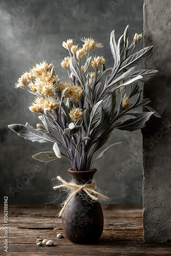 Dragon Boat Festival C-curve Dried Mugwort Wabi Minimal Poster, Grey-brown Curved Stem Residual Leaf On White, Relax Curve Still Life, Material For Incense Home Luxury Co-brand