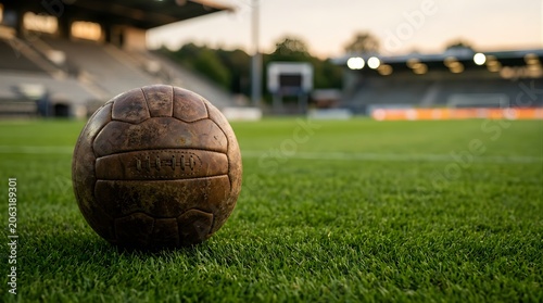 Vintage leather soccer ball resting on a professional stadium grass field