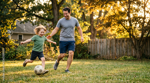 Father and child playing soccer in backyard, dynamic motion, golden hour, Father's Day