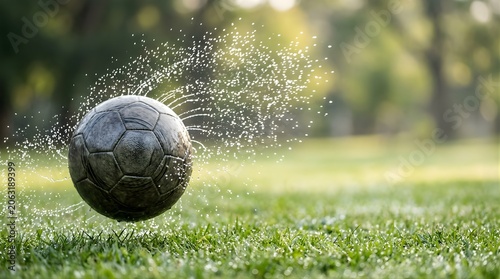 Wet soccer ball flying with water splashes on a green grass field background
