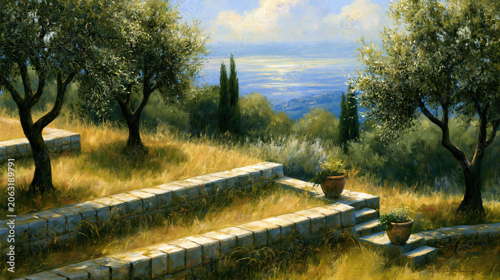 Fototapeta premium Mediterranean landscape with stone steps and potted plants