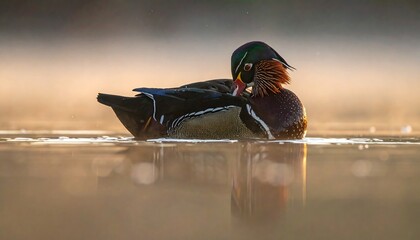 A duck swims on calm water with a warm, golden background
