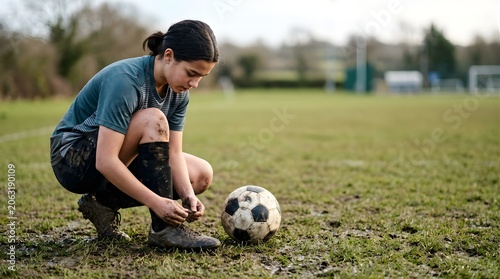 Young female soccer player tying shoelaces on a muddy grass field