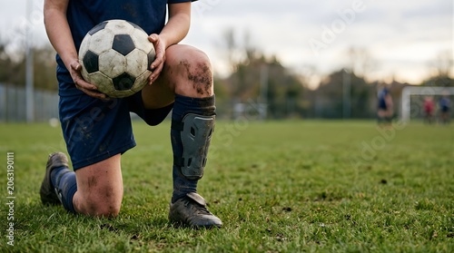 Youth soccer player kneeling on grass field holding a ball during a match