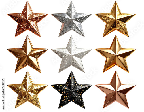 Collection of Nine Luxury Glitter Star Shapes Isolated on Transparent Background
