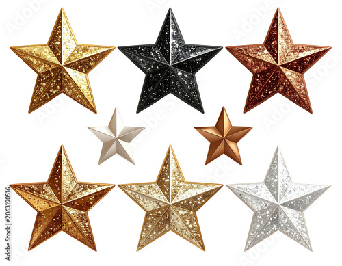 Collection of Nine Luxury Glitter Star Shapes Isolated on Transparent Background
